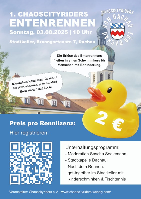 Erstes Dachauer Chaoscityrider-Entenrennen 2025 03.08.2025 · 10:00 Uhr · Mühlbach am Stadtkeller Dachau