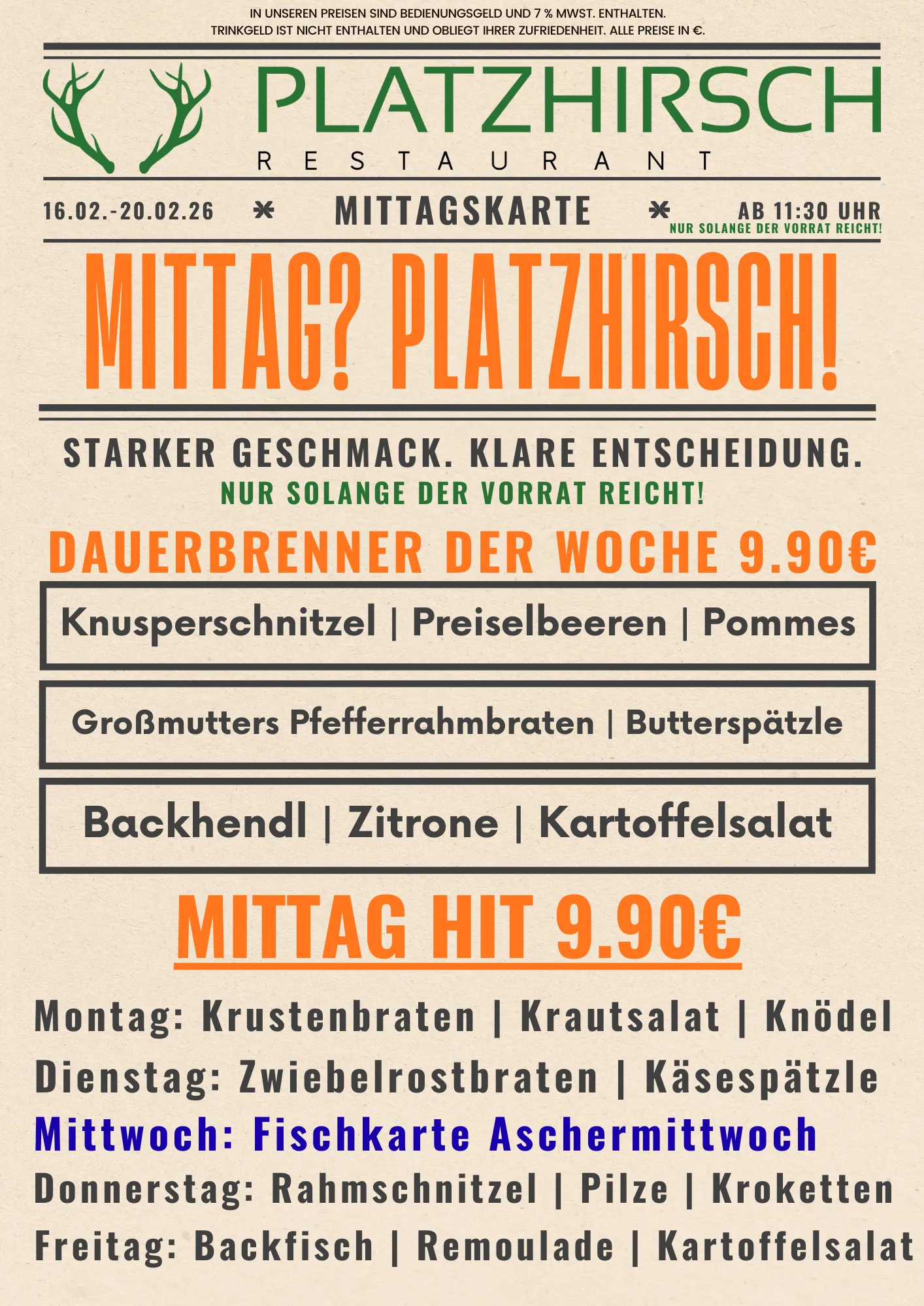 Mittags im Platzhirsch ab dem 16. – 20.Februar 2026