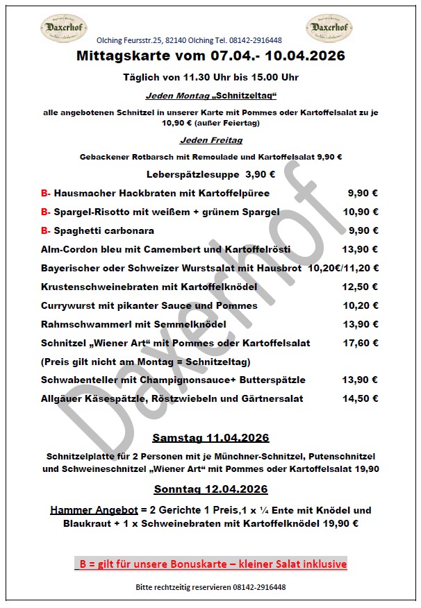 Daxerhof Mittagskarte ab dem 7. – 10.April 2026
