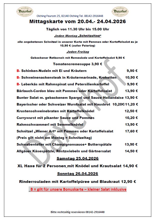 Mittagskarte im DAXERHOF ab dem 20. – 24.April 2026