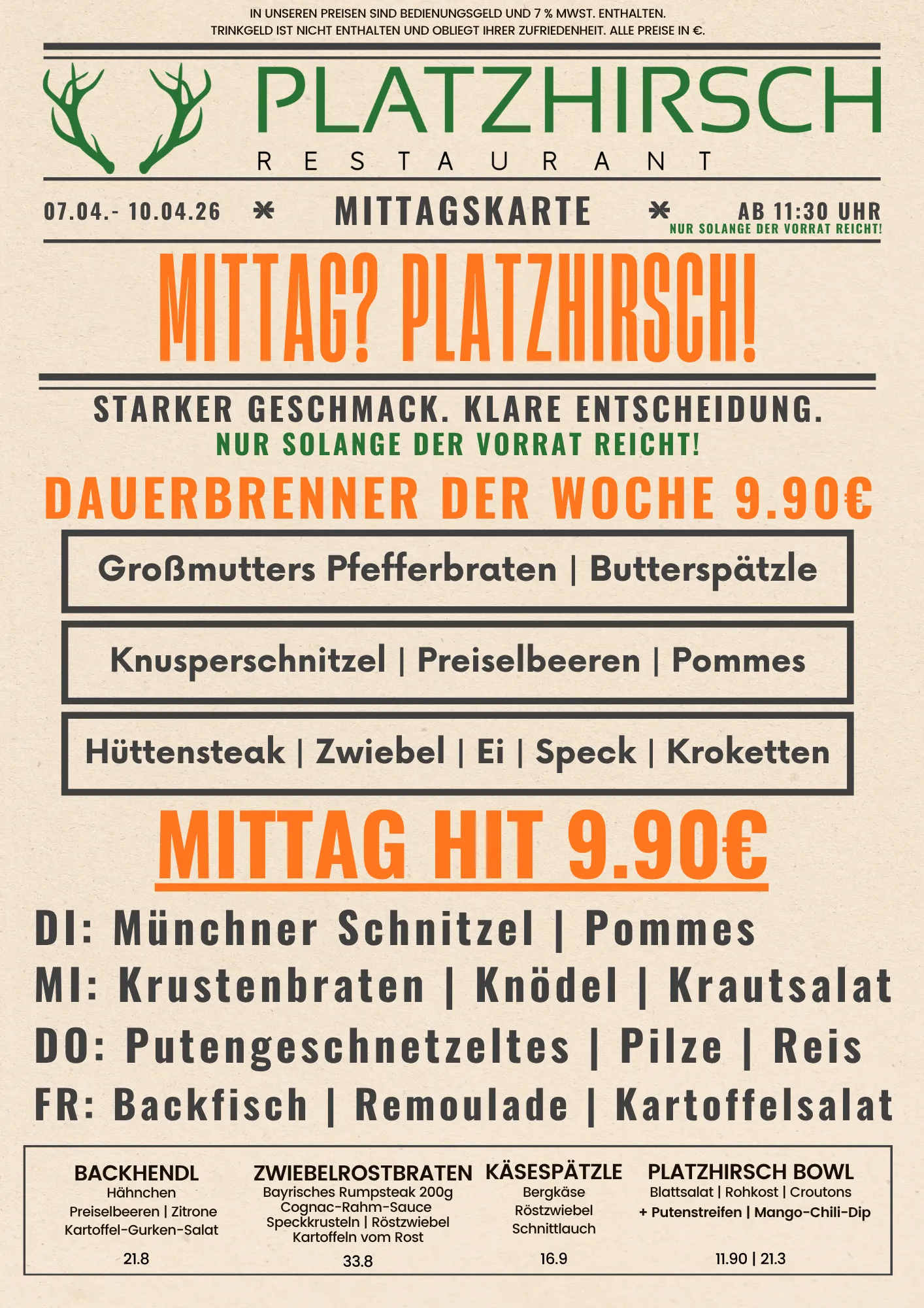 Aktuelle Mittagskarte im Restaurant Platzhirsch am Golfplatz in Olching