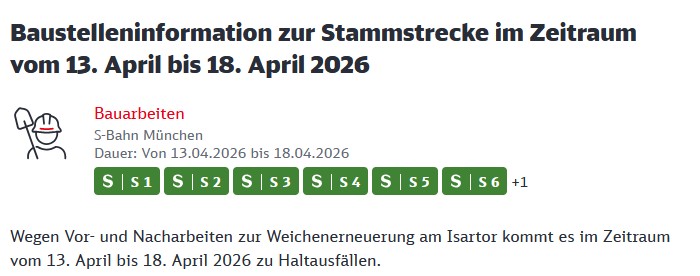 Stammstrecke der S-Bahn vom 13. bis 18.April 2026