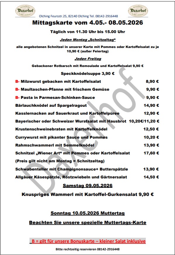 Daxerhof – Mittagskarte vom 04.05.2026 – 08.05.2026