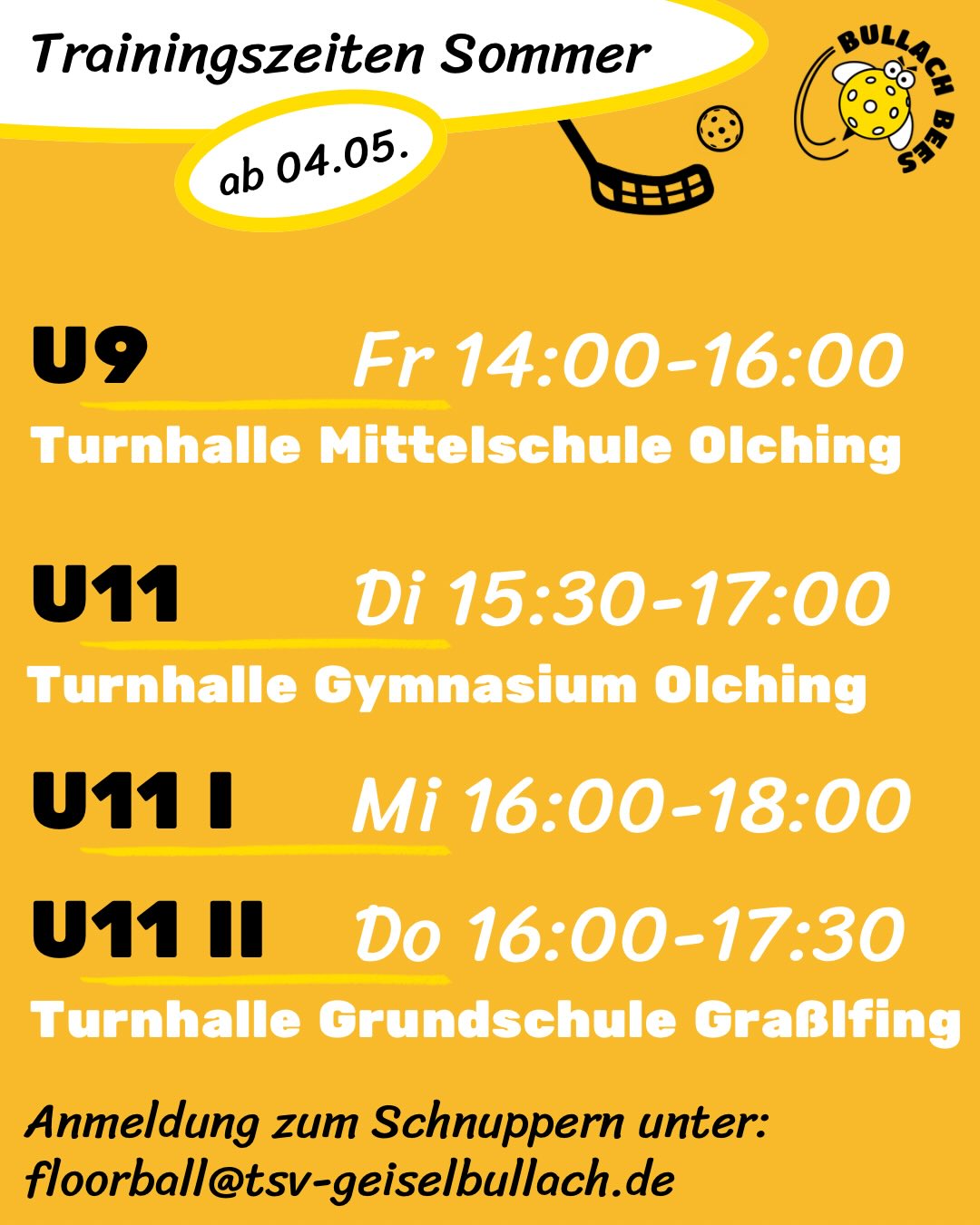 Bullach Bees Floorball – Trainingszeiten Sommer