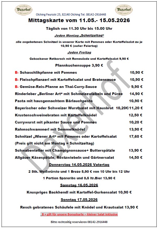 Mittagskarte im Daxerhof ab dem 11. – 15.05.2026