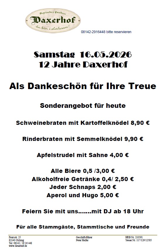 Wir feiern 12 Jahre Daxerhof – Vormerken