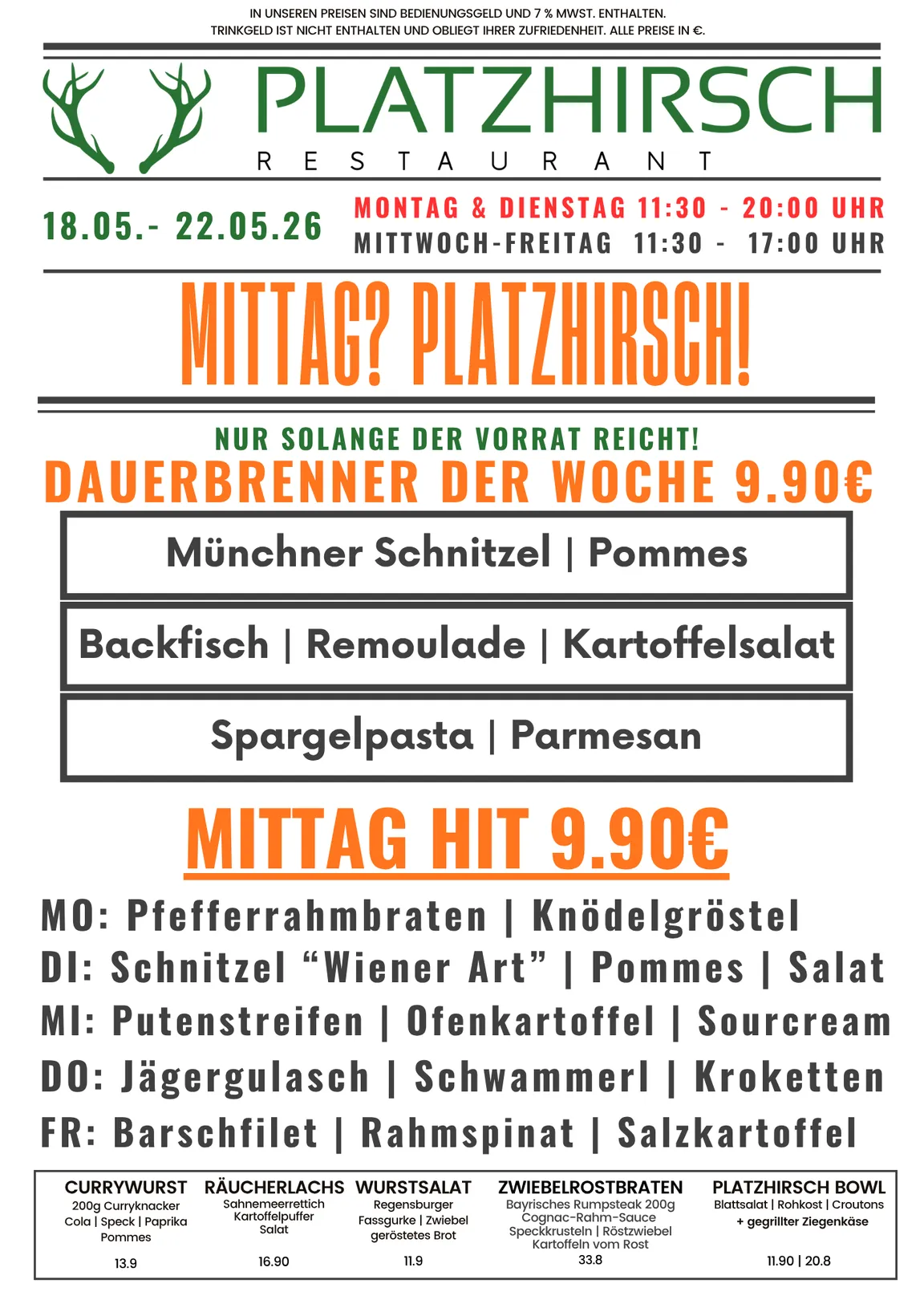 Neue Mittagskarte im Restaurant Platzhirsch in Olching