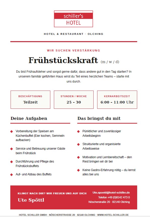 Hotel Schiller sucht Frühstückskraft