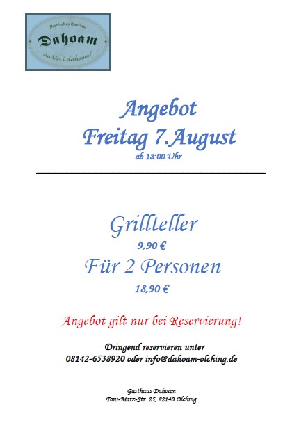 Am Freitag gibt es wieder den Grillteller für 2 Personen zum unschlagbaren Superpreis im DAHOAM !