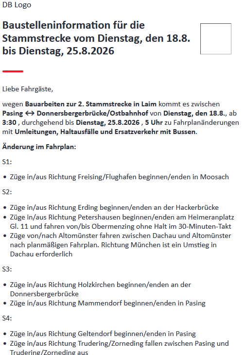 Baustelleninformation für die Stammstrecke vom Dienstag, den 18.8. bis Dienstag, 25.8.2026