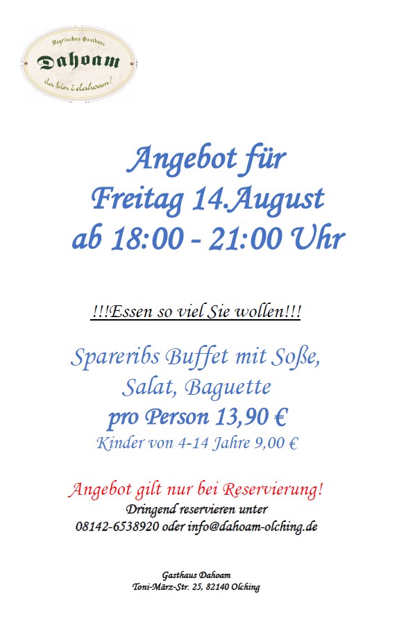 Am Freitag zum Spareribs – Buffet in’s DAHOAM