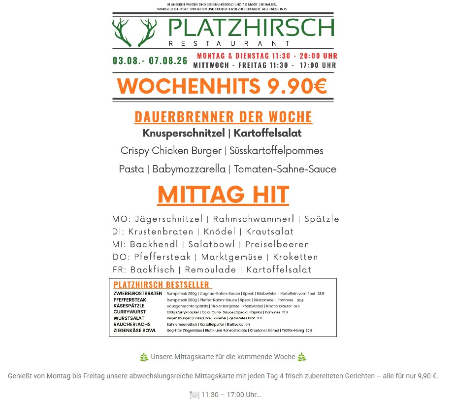 Wochenhits im Restaurant Platzhirsch am Golfplatz in Olching ab dem 3.August bis zum 7.August 2026