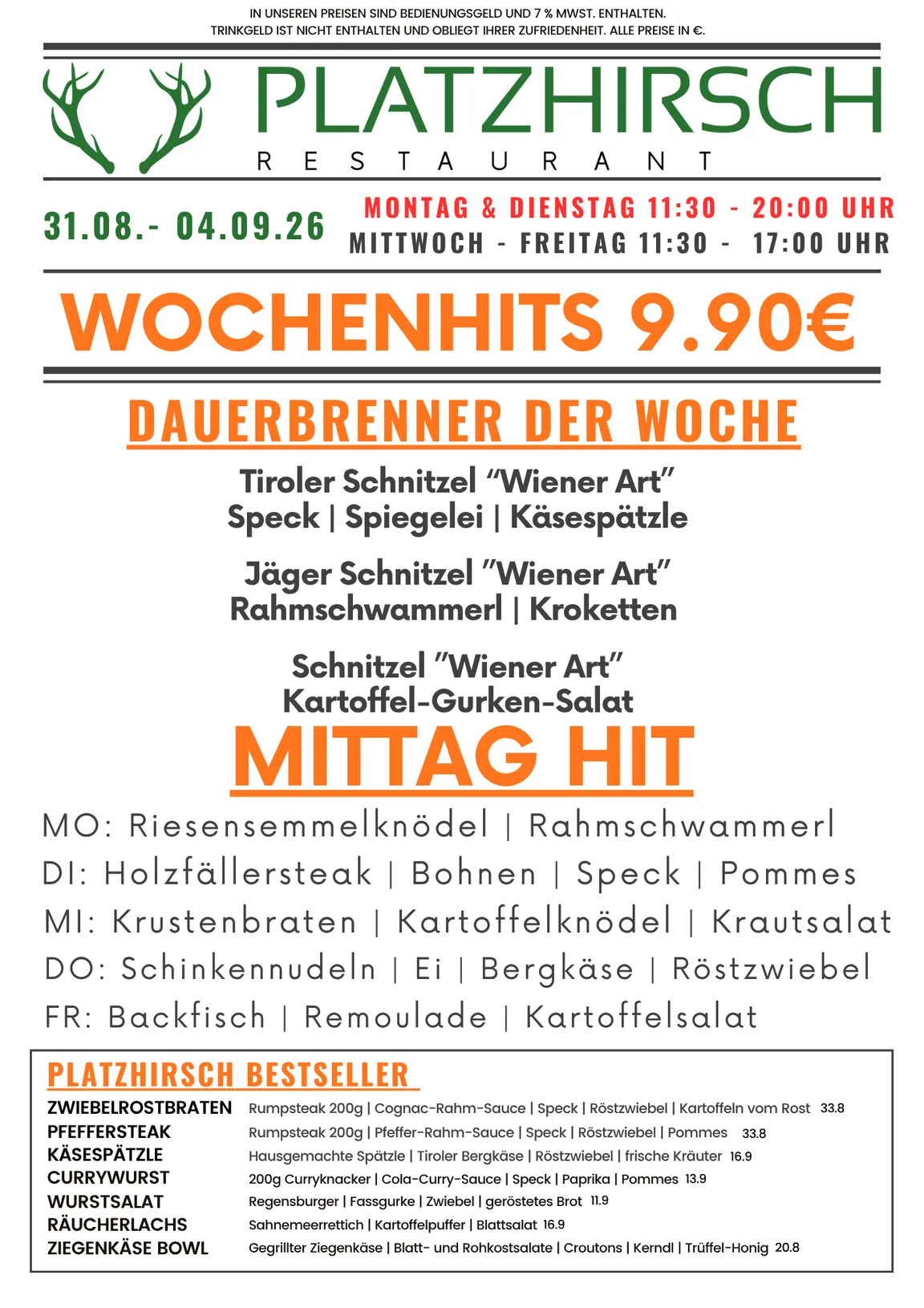 Wochenhits im Platzhirsch vom 31.08.-04.09.2026