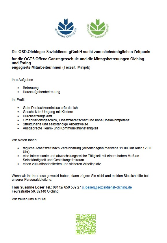 Unser Olchinger Sozialdienst sucht engagierte Mitarbeiter / -innen für die OGTS