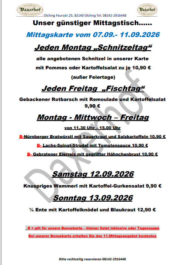 Die günstige Mittagskarte im Daxerhof …