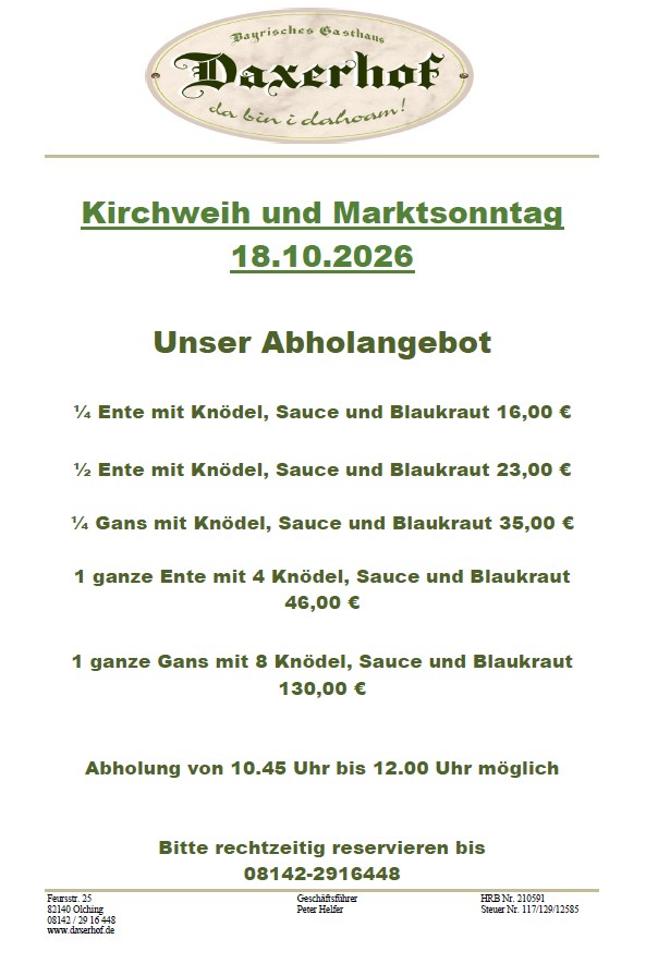 Abholangebot zu Kirchweih und Marktsonntag im DAXERHOF