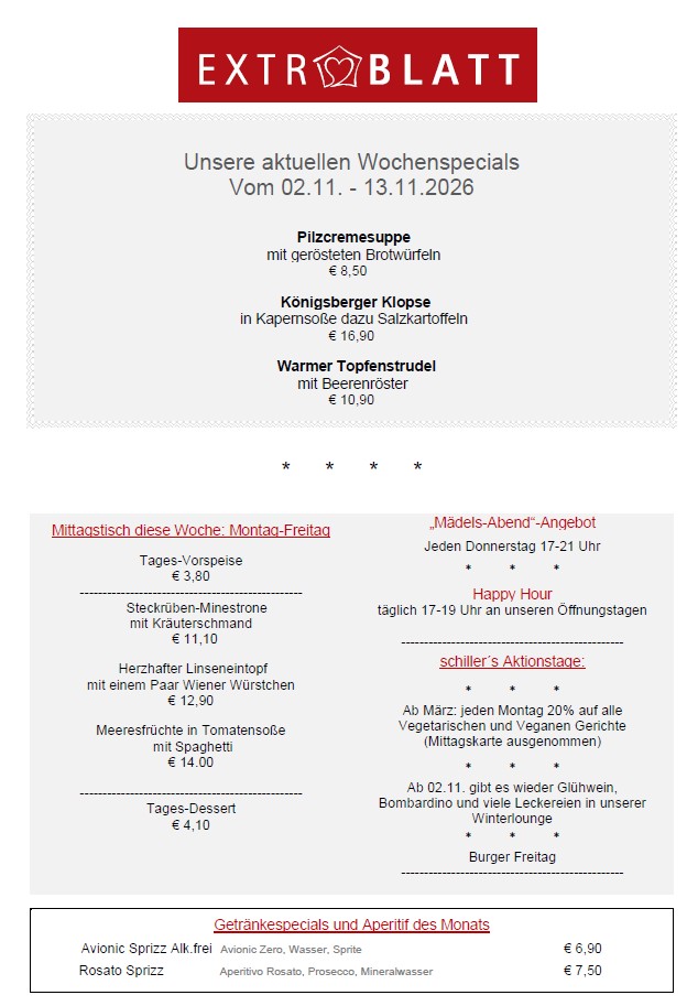 Extrablatt – Aktuelle Wochenhits vom Restaurant Hotel Schiller
